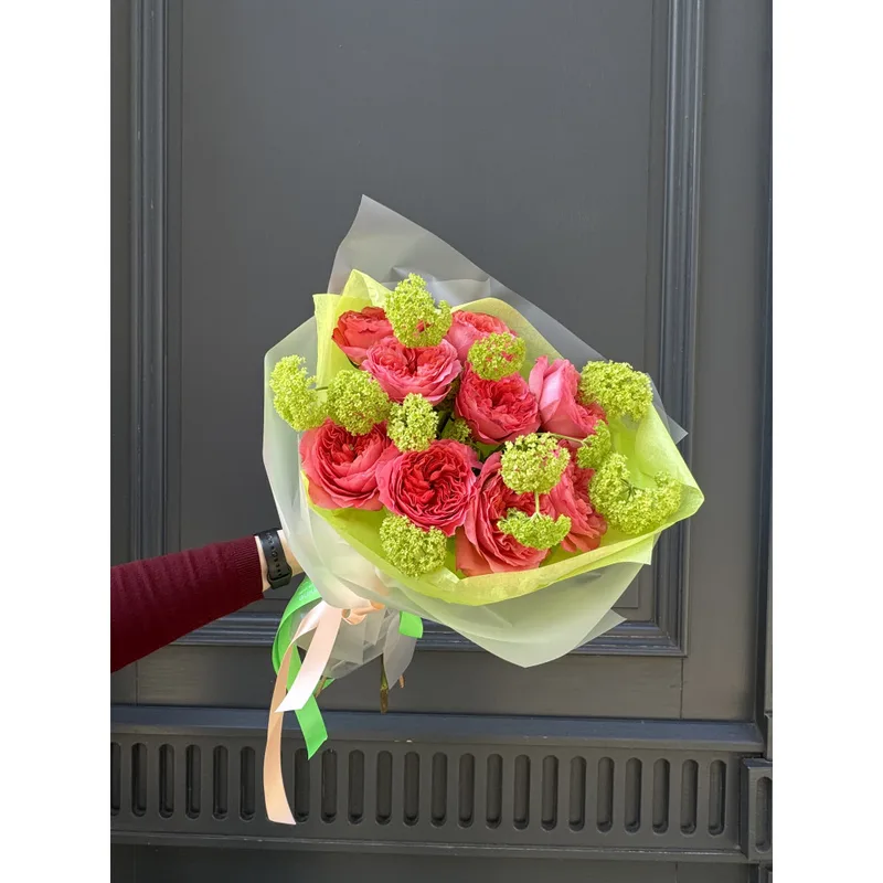 Peony roses with Viburnum