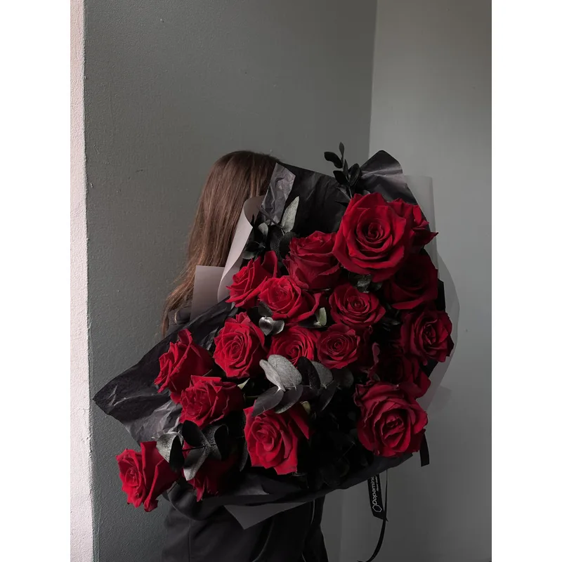 Stylish Red Roses with black eucalyptus